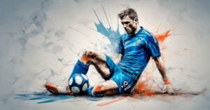 Futbolista vestido de azul sentado en el suelo en señal de derrota