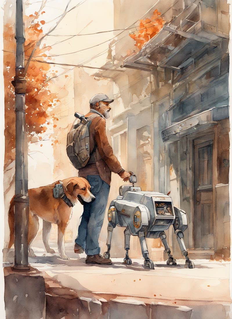 Hombre de mediana edad acompañado con un perro y un robot