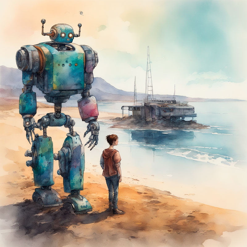 Humano y robot mirando el horizonte