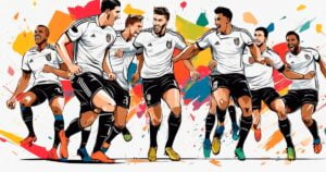 Ilustracion de futbolistas celebrando pantalones negros camisas blancas