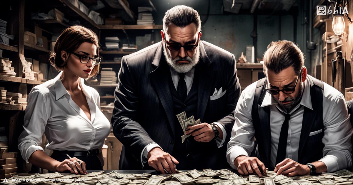 Ilustracion artistica de tres mafiosos contando dinero