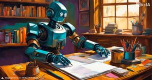 Ilustracion artistica de robot escribiendo en un escritorio