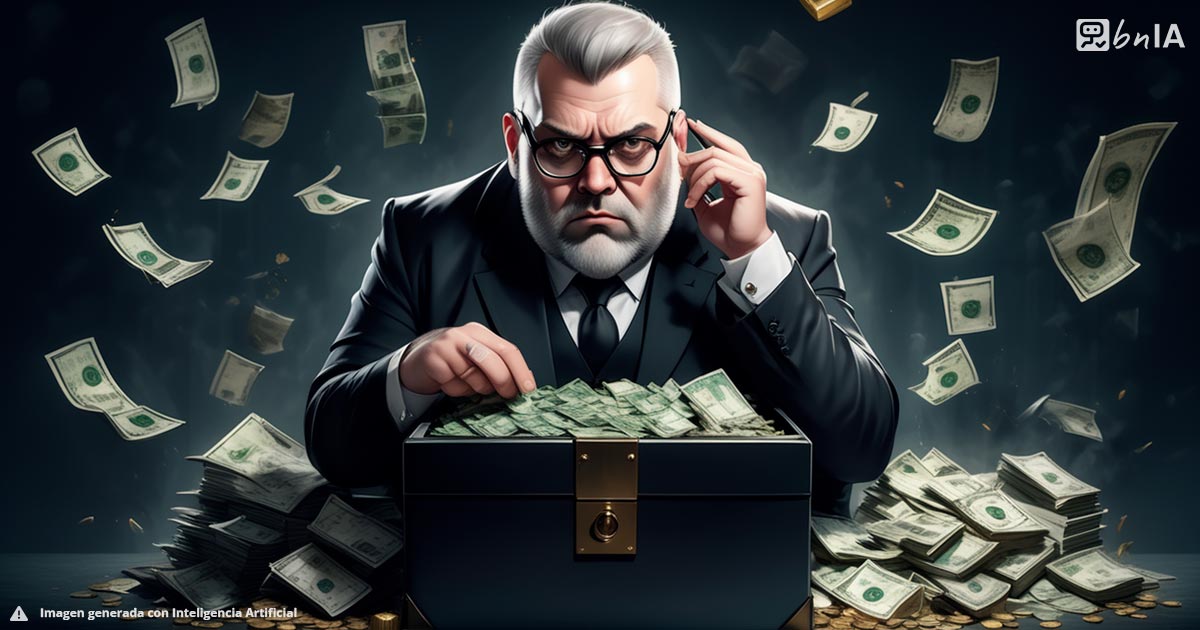 Ilustracion artistica de hombre robusto contando dinero de una caja negra