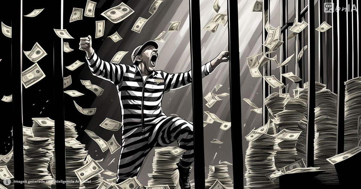 Ilustracion de delincuente celebrando con dinero