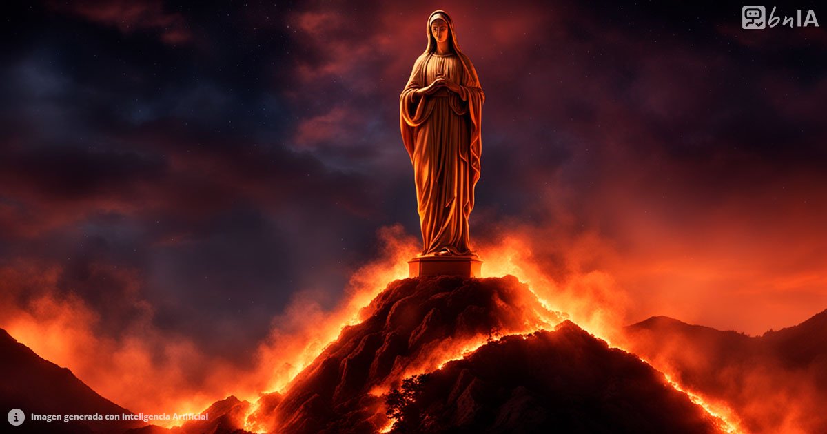 Ilustracion de cerro san cristobal en llamas con la virgen maria en la cima