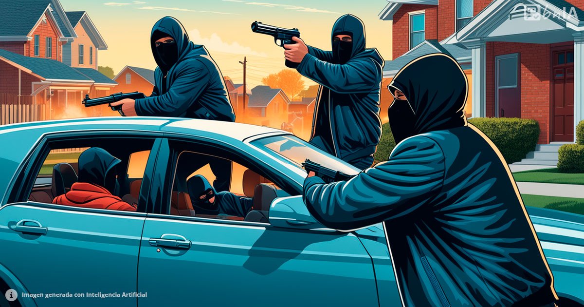 Ilustracion de delincuentes armados en vehiculo