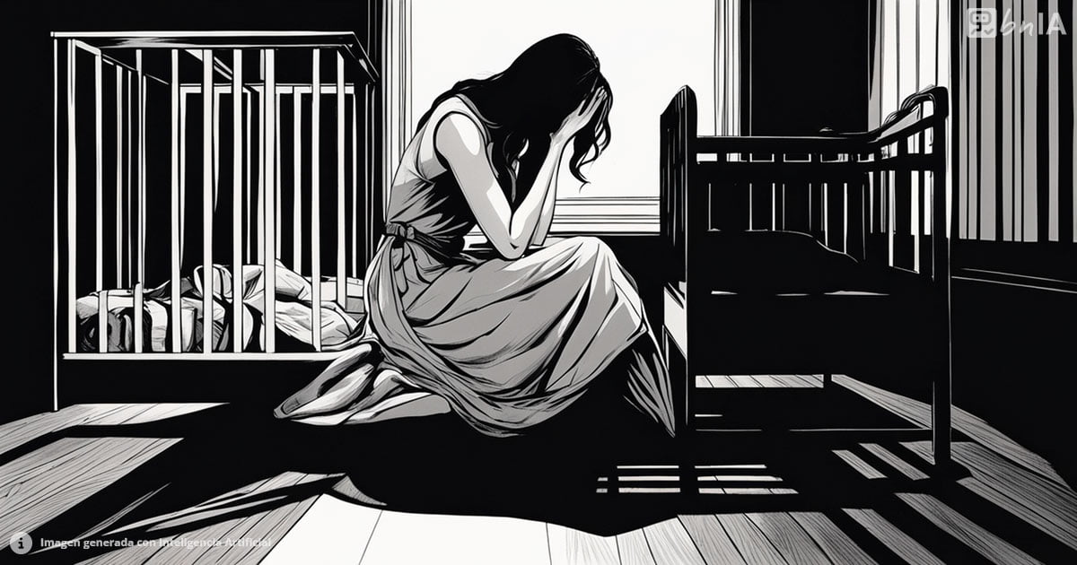 Ilustracion en blanco y negro de mujer llorando junto a cunas de bebes