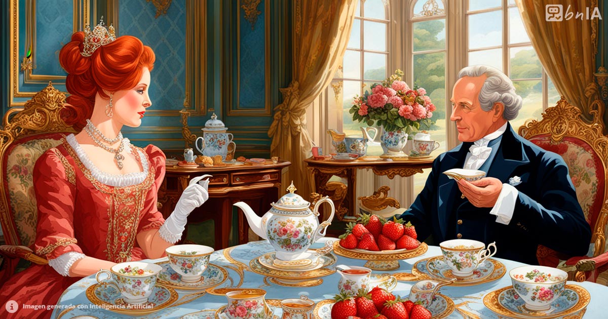 Ilustracion artistica de mujer pelirroja tomando el te con el rey de Inglaterra