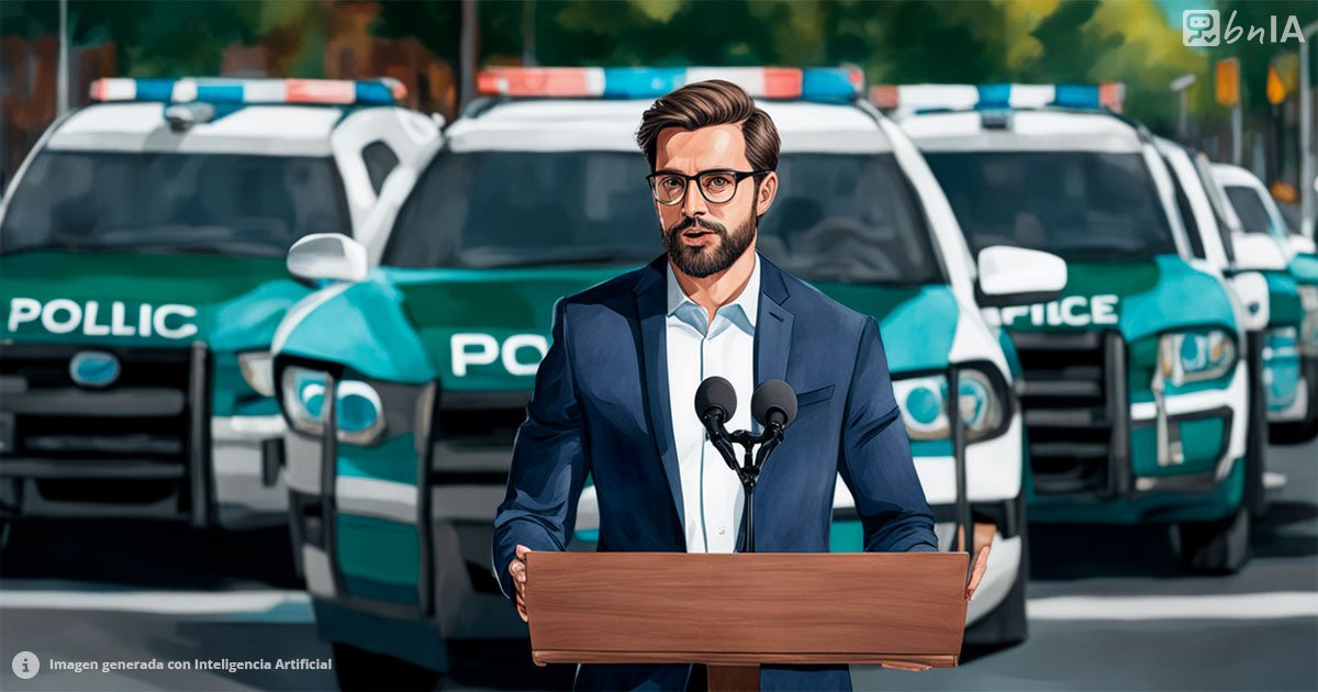 Ilustracion de discurso frente a carros policiales