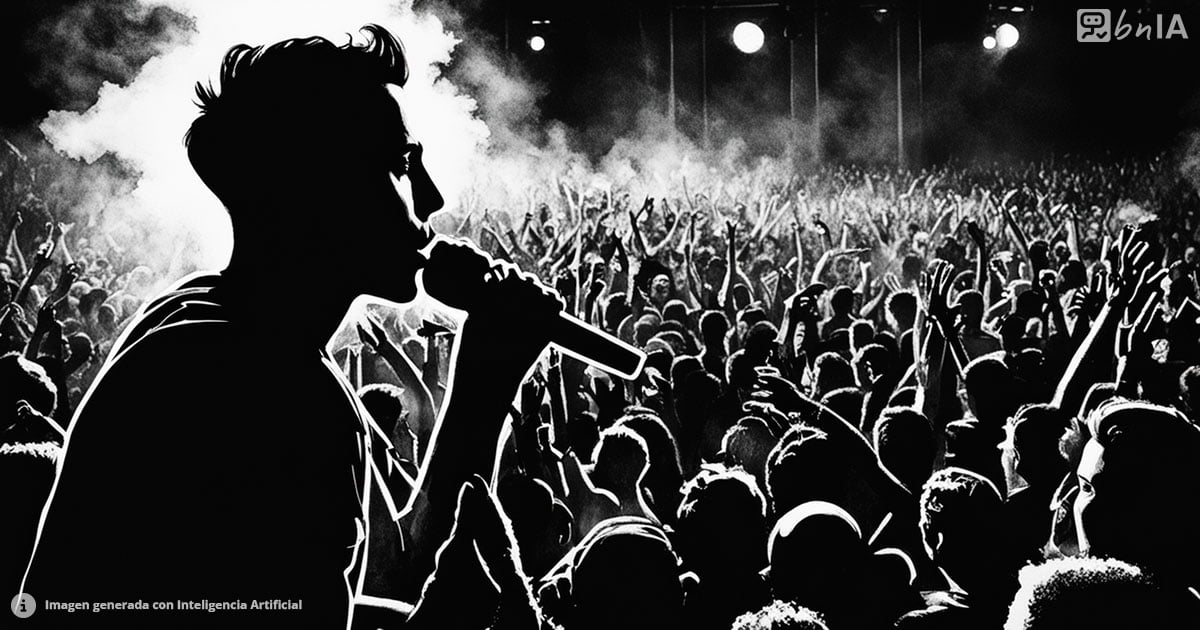 Ilustracion de rapero en blanco y negro en concierto