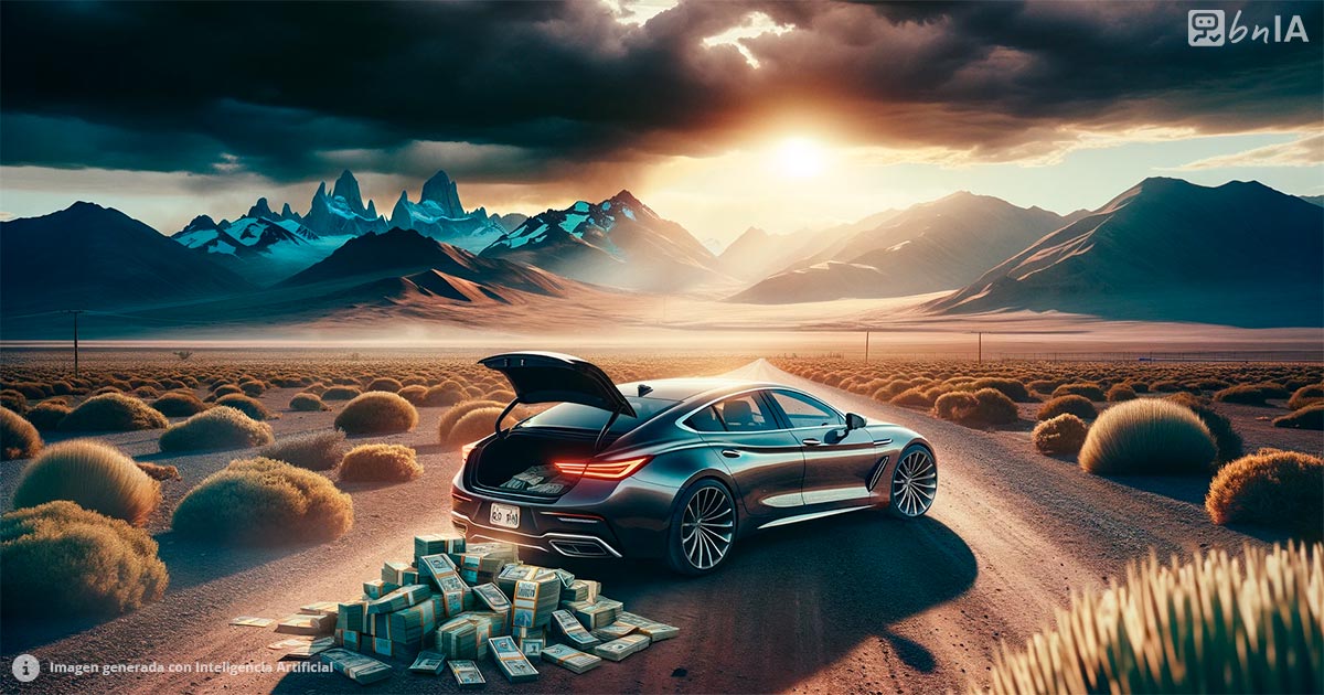 Ilustracion de auto con dinero en desierto