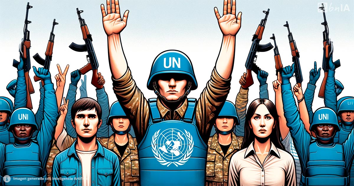 Ilustracion Naciones Unidas brazos arriba señal de rendicion con algunas armas