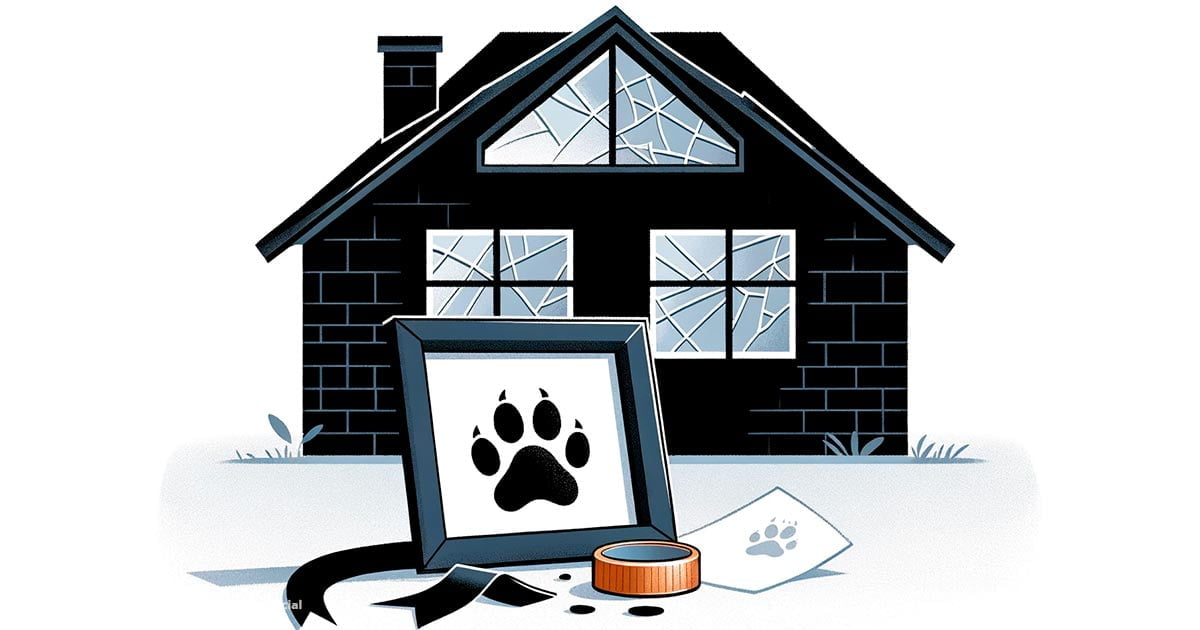 Ilustracion de casa atacada con simbolo de luto para perrito fallecido
