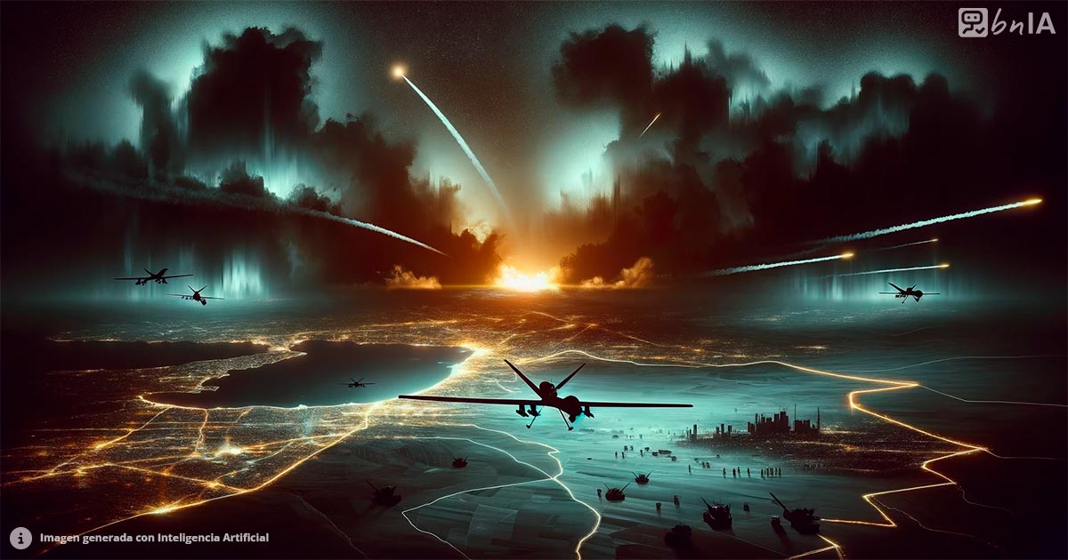 Ilustracion ataque con drones en medio oriente