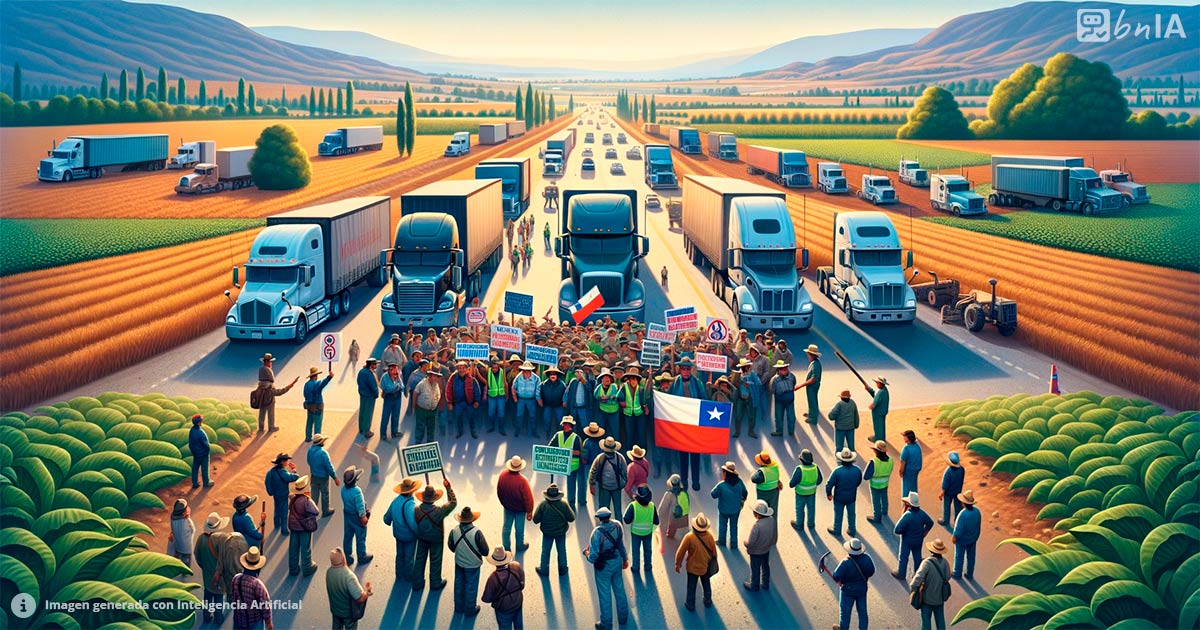 Ilustracion camionero y agricultores protestando en Chile