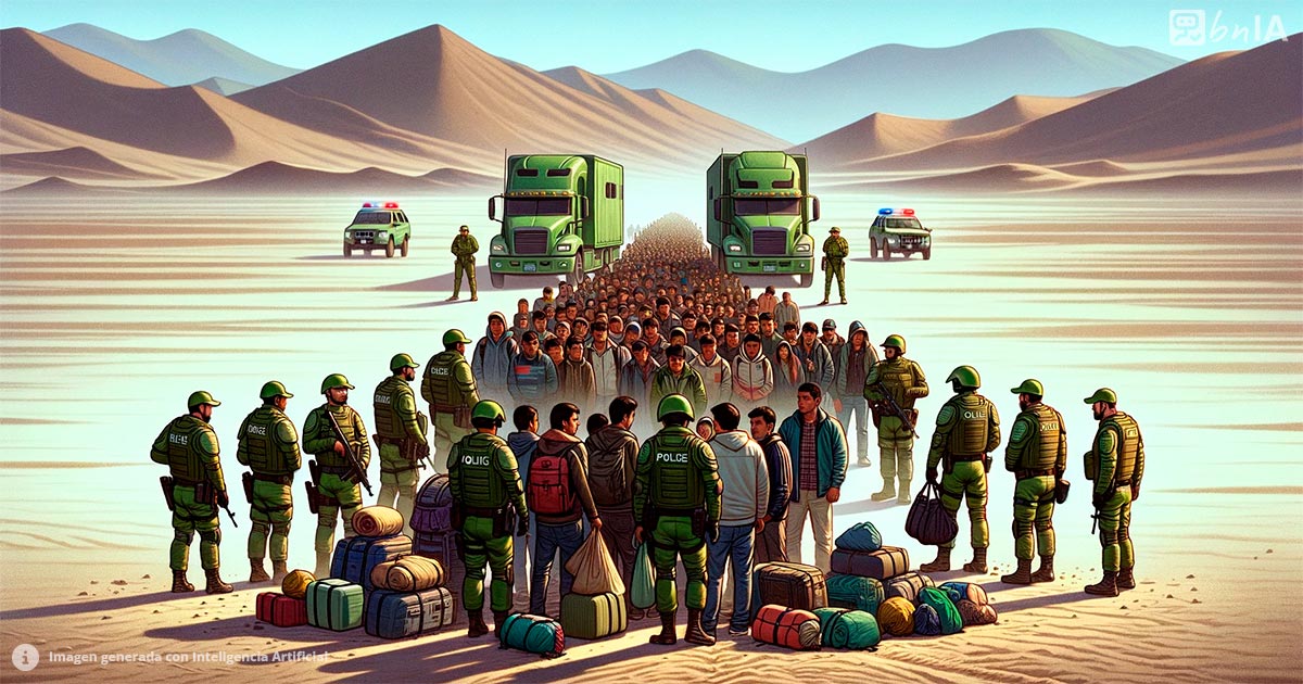 Ilustracion carabana de migrantes en desierto