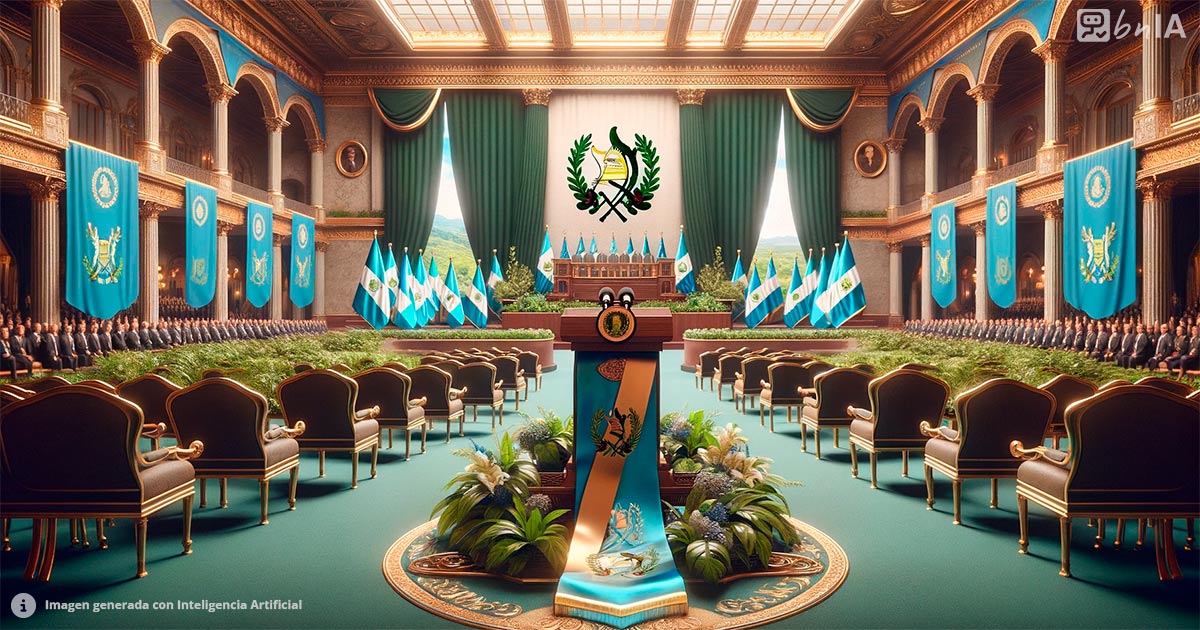Ilustracion ceremonia investidura presidencial con referencia a simbolos de Guatemala