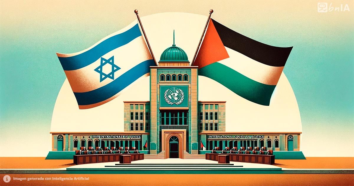 Ilustracion corte internacional con bandera israelita y palestina