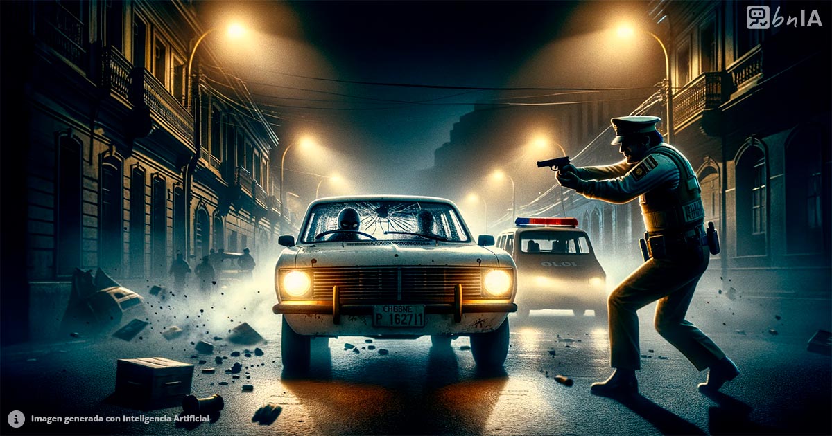 Ilustracion de conductor criminal intentando atropellar a carabinero en la noche, mientras este se defiende con su pistola