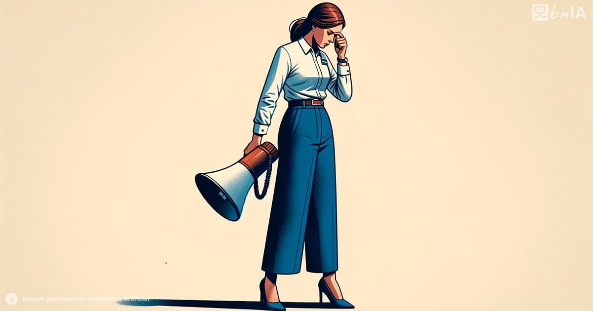 Ilustracion de mujer cabizbaja con megafono en mano