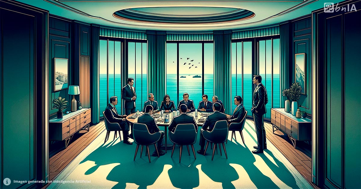 Ilustracion de reunion entre politicos y empresarios en un departamento con vista al mar