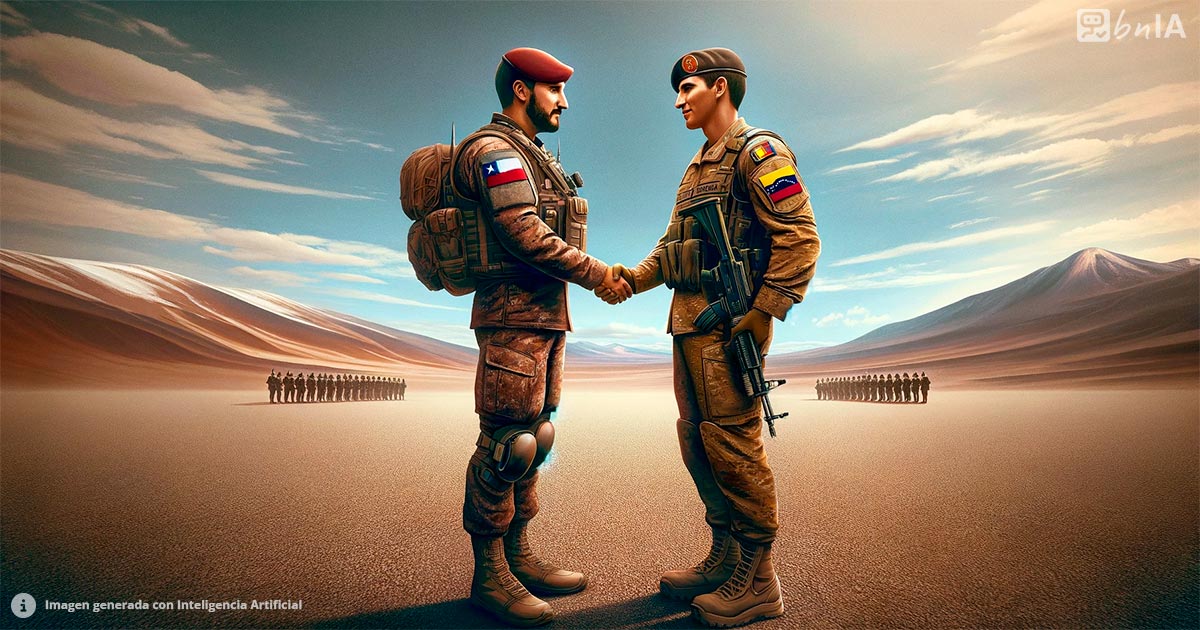 Ilustracion de soldado chileno dando la mano soldado venezolano en entorno desertico