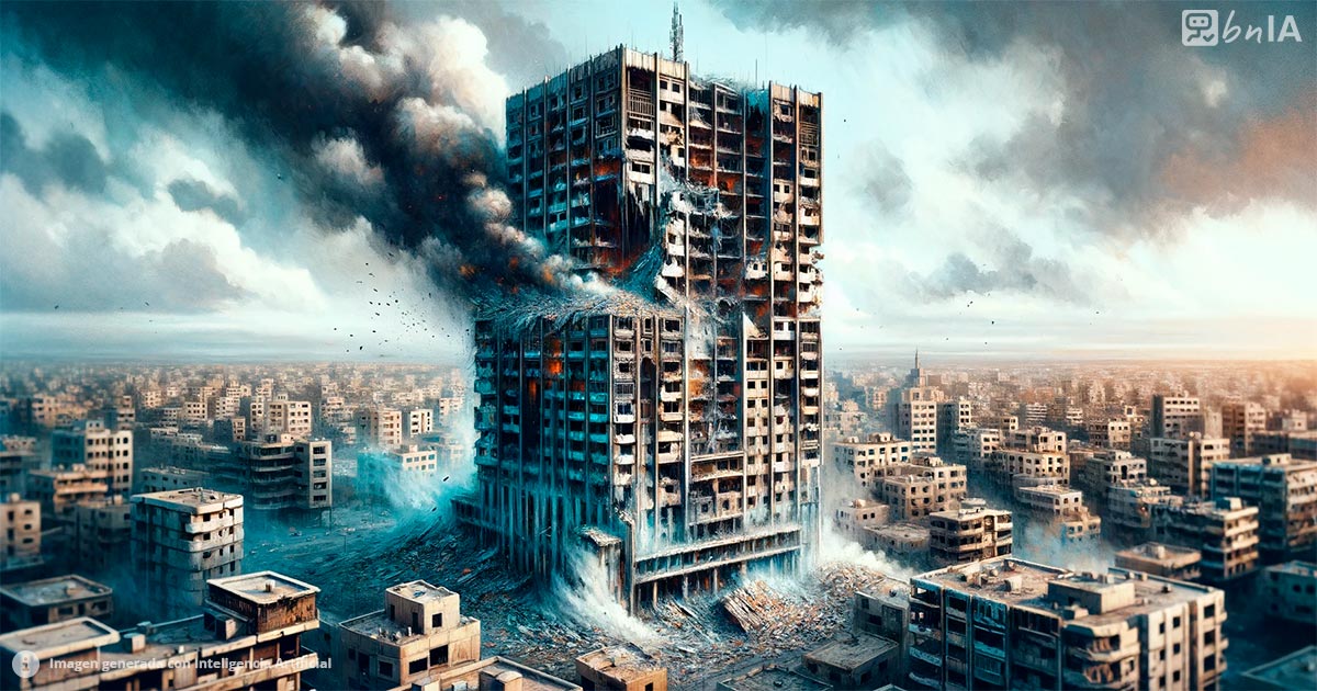 Ilustracion de edificio bombardeado en Medio Oriente