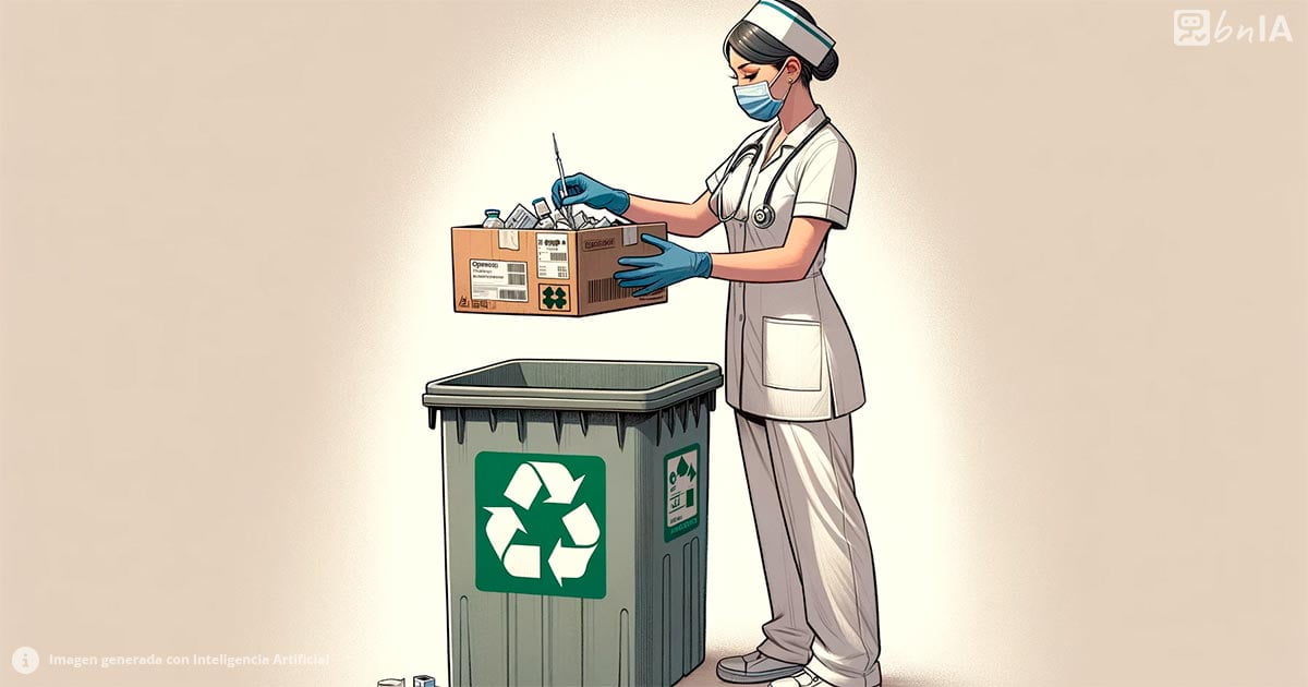 Ilustracion de enfermera botando medicamentos a un tacho de basura