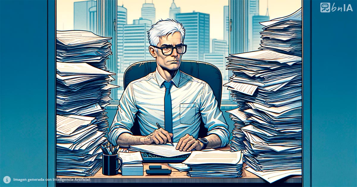 Ilustracion de hombre con muchos documentos en su escritorio, representando exceso de trabajo