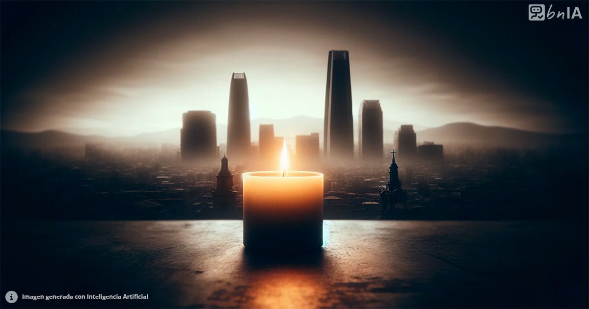 Ilustracion de luto en Santiago, una vela encendida con fondo de ciudad