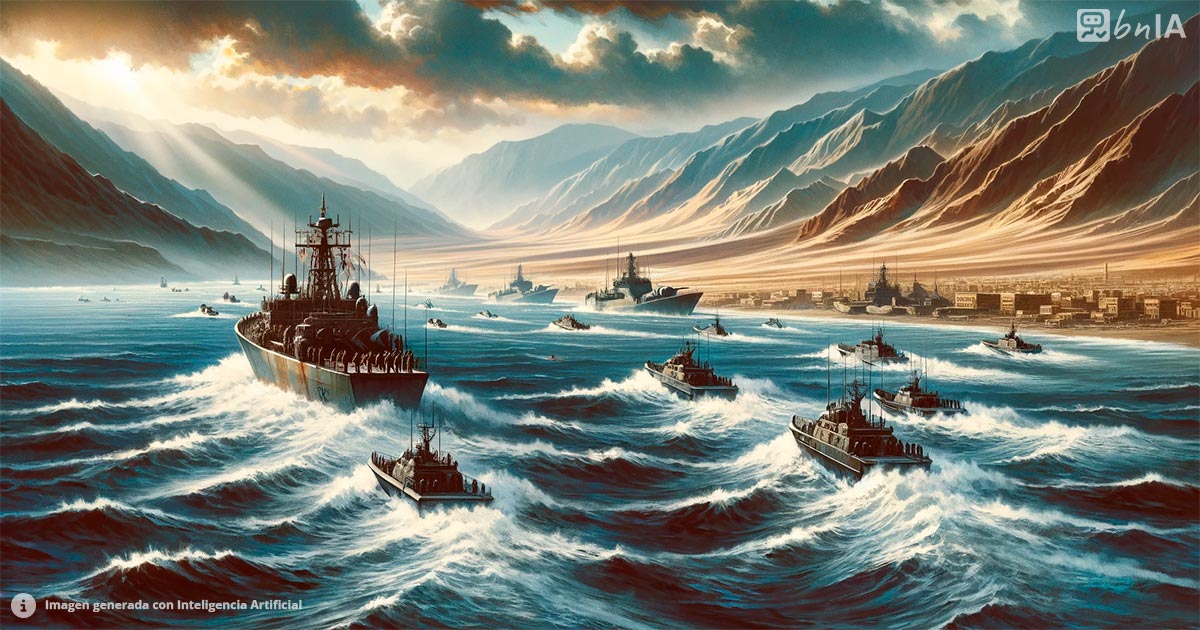 Ilustracion mar rojo con buques de guerra
