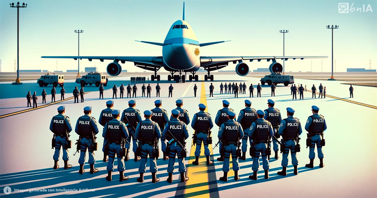 Ilustracion policia argentina custodiando avion