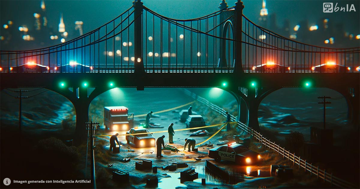Ilustracion de policia investigando debajo de un puente