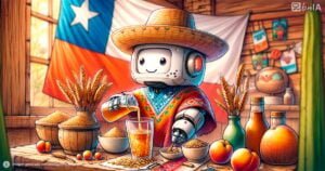 Ilustracion adorable de robot preparando mote con huesillo con ropas y elementos culturales de Chile