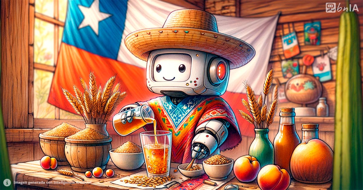 Ilustracion adorable de robot preparando mote con huesillo con ropas y elementos culturales de Chile