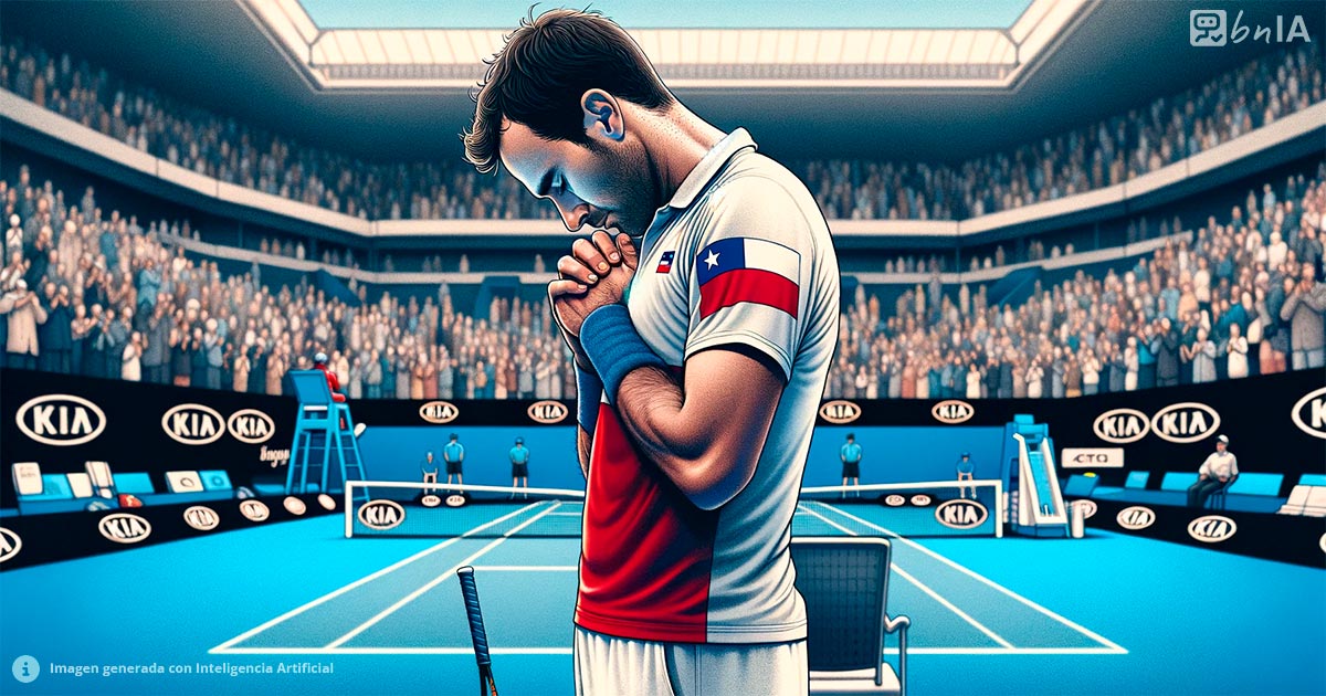Ilustracion de tenista chileno meditando en una cancha de tenis