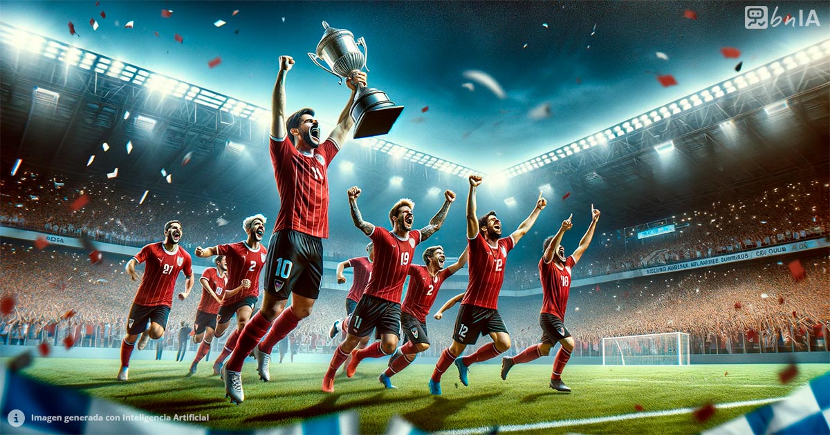 Ilustracion de victoria en futbol, futbolista celebrando con una copa