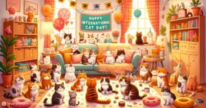 Ilustracion gatos celebrando dia internacional