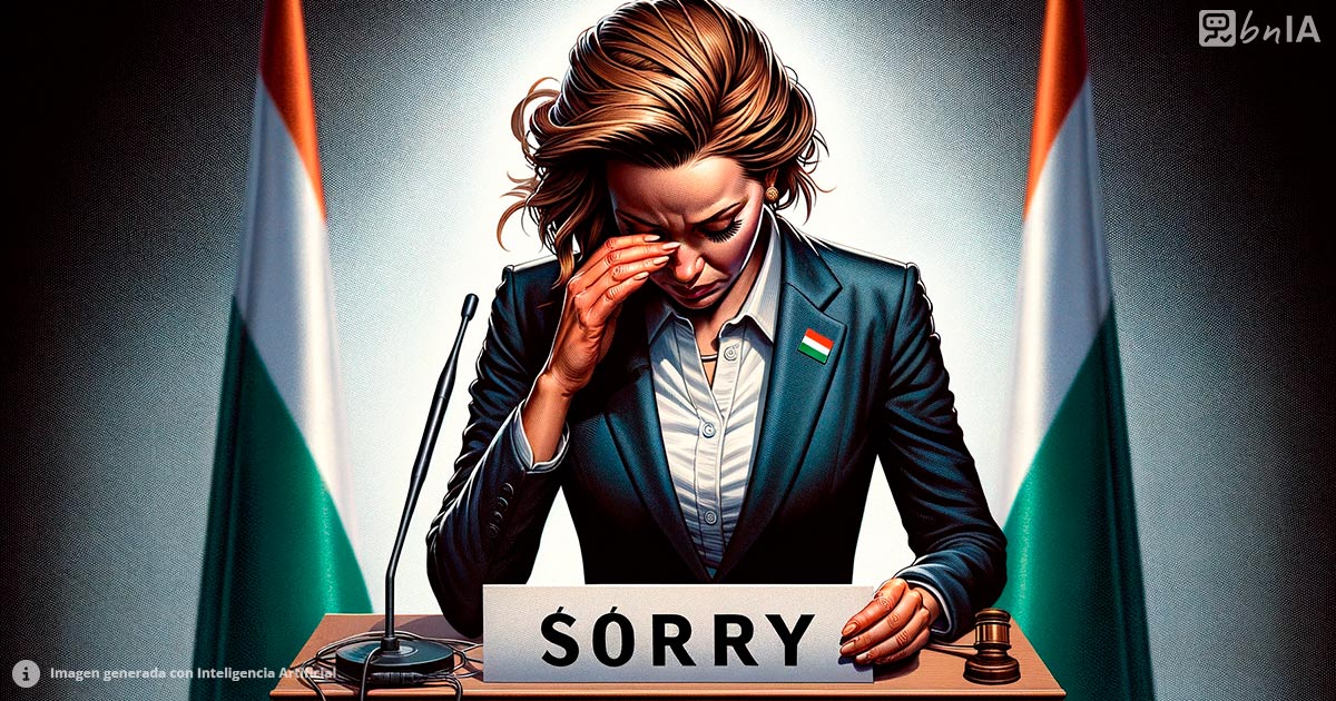 Ilustracion presidenta hungria pidiendo disculpas