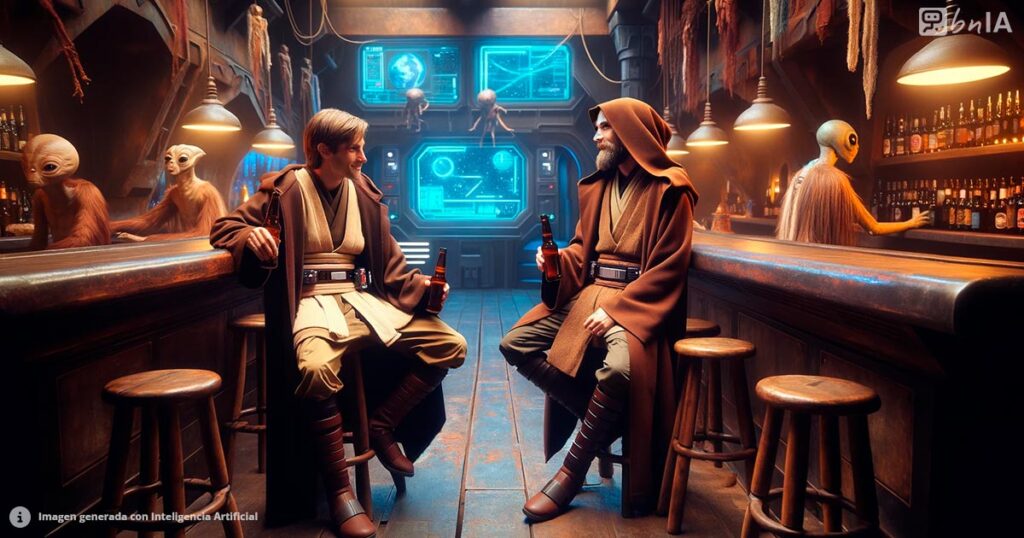Dos jedis sentados en un bar extraterrestre, ciencia ficción