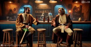Ilustracion dos jedis tomando cerveza en un bar relajados