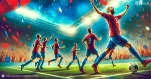 Ilustracion futbolistas celebrando polera roja shorts azules