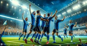 Ilustracion futbolistas con uniforme azul celebrando