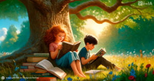 Ilustracion artistica dos niños leyendo libros