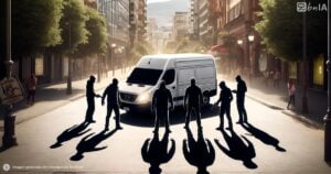 Ilustracion delincuente rodeando furgoneta de reparto