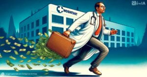 Ilustracion medico escapando con maleta con dinero