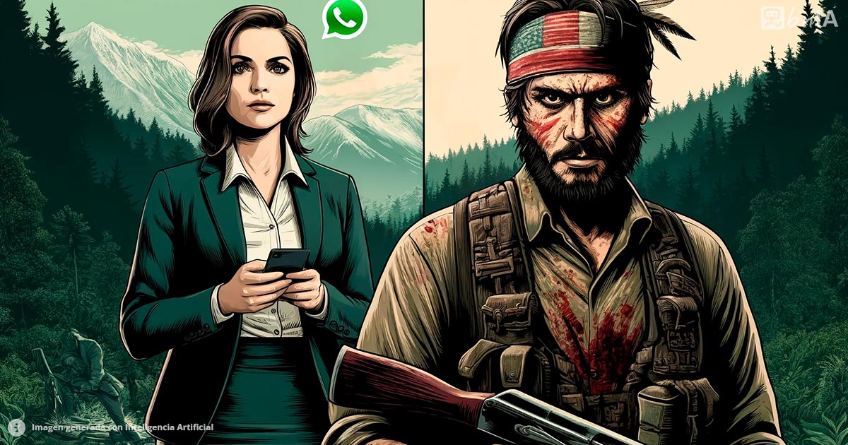 Ilustracion periodista conversando por whatsapp con guerrillero peligroso