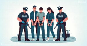 Ilustracion tres personas detenidas escoltadas por policia