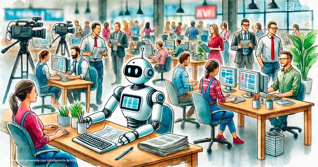 Ilustración oficina con periodistas y un asistente robot