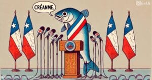 Ilustración artística satírica de Gabriel Boric haciendo una conferencia de prensa